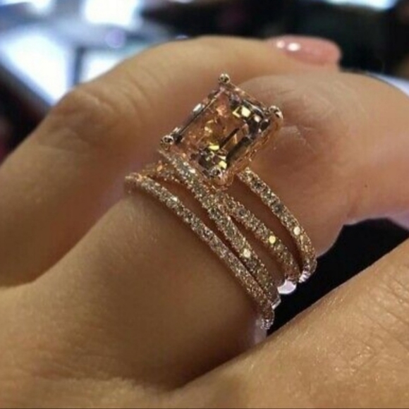 Emerald Cut Citrine and Diamond Triple Band Ring - Picture 5 of 8